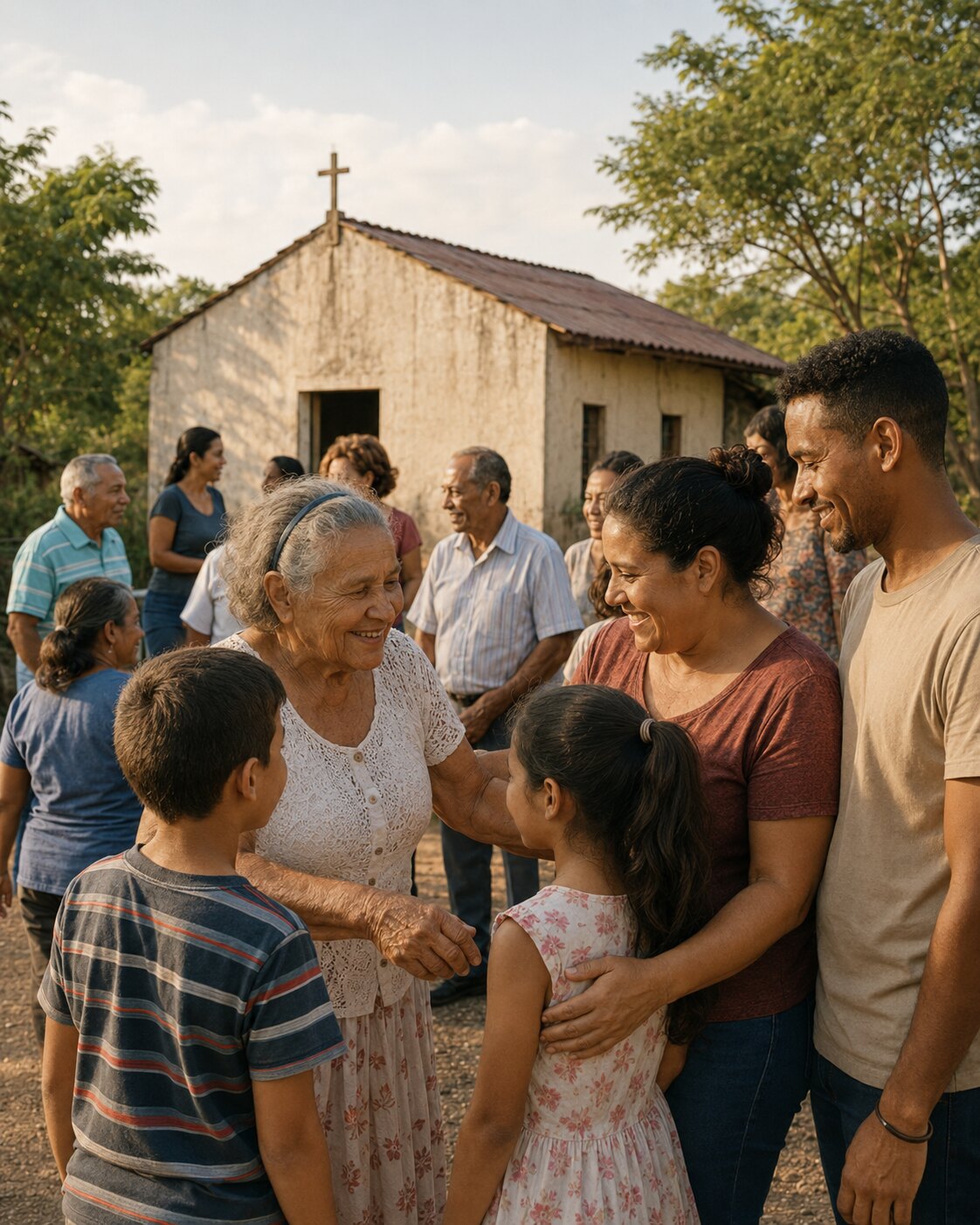 Familias y miembros de la comunidad reunidos junto a una pequeña iglesia en Bainoa