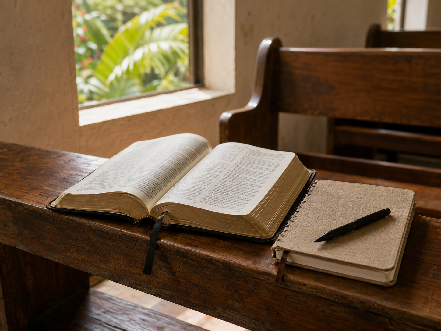 Biblia abierta y cuaderno sobre un banco de iglesia