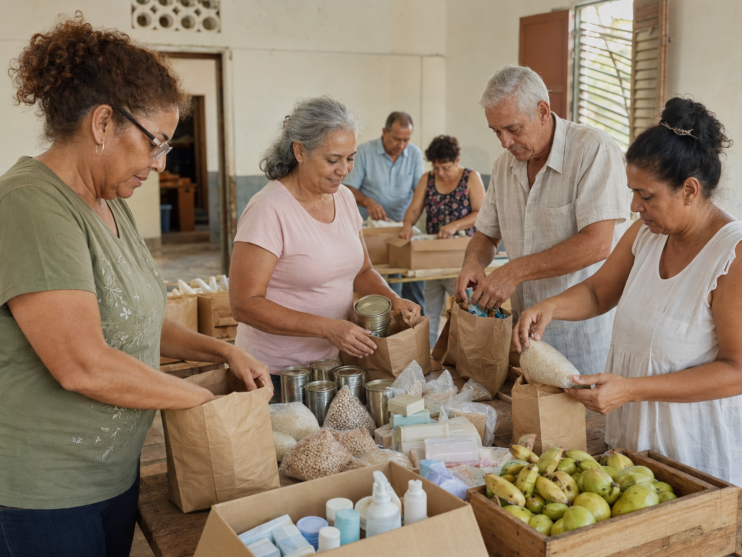 Voluntarios preparando ayuda para familias de la comunidad