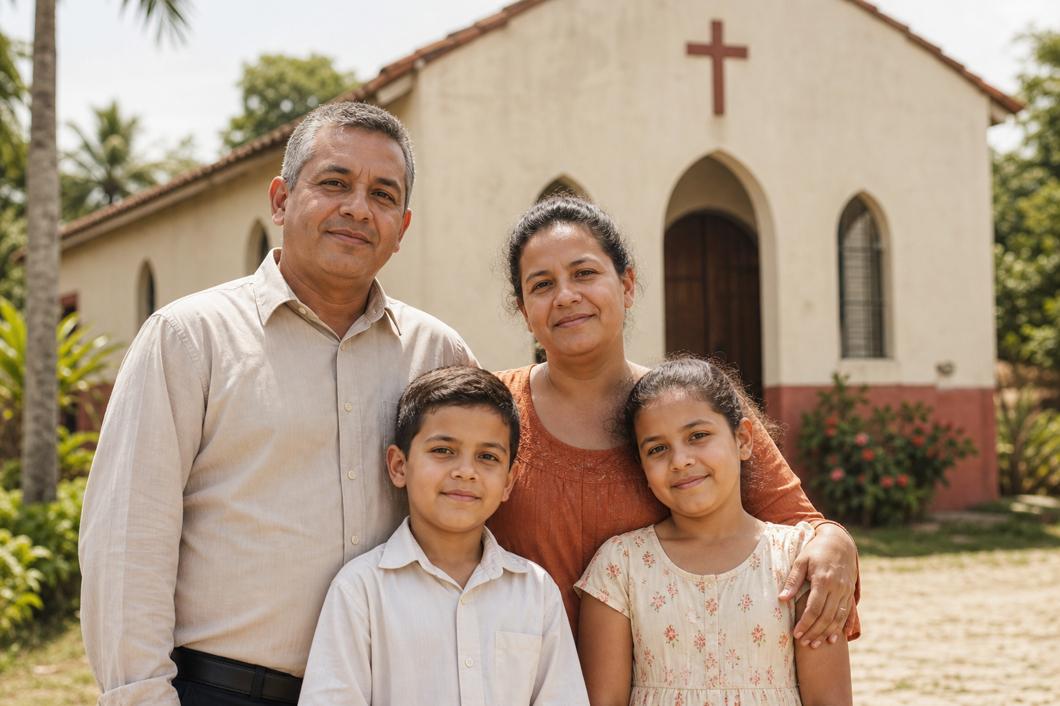 Familia del pastor frente a una iglesia rural
